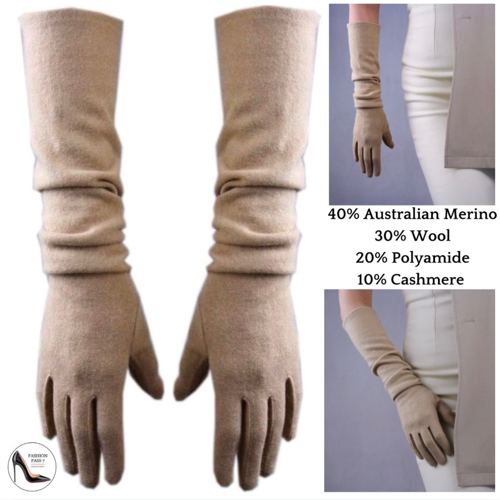 Luxury Long Cashmere Merino Wool Gloves Classic Beige Driving Winter Warm Gloves